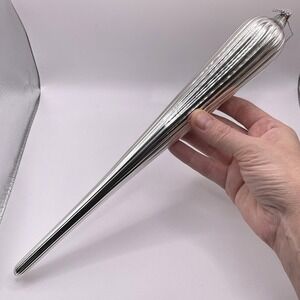 Hand Blown Ribbed Silver‎ Glass Icicle 12" Length Christmas Ornament